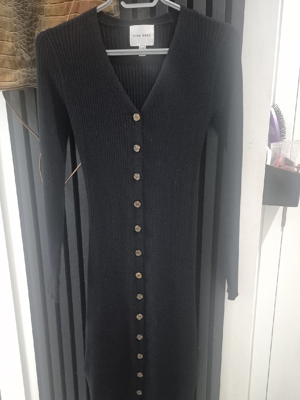 Pink Rose Black Ribbed Long Sleeve Button-Down Maxi Dress